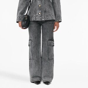 Ganni Women Logo Patch Wide Leg Cargo Gray Jeans, size 30